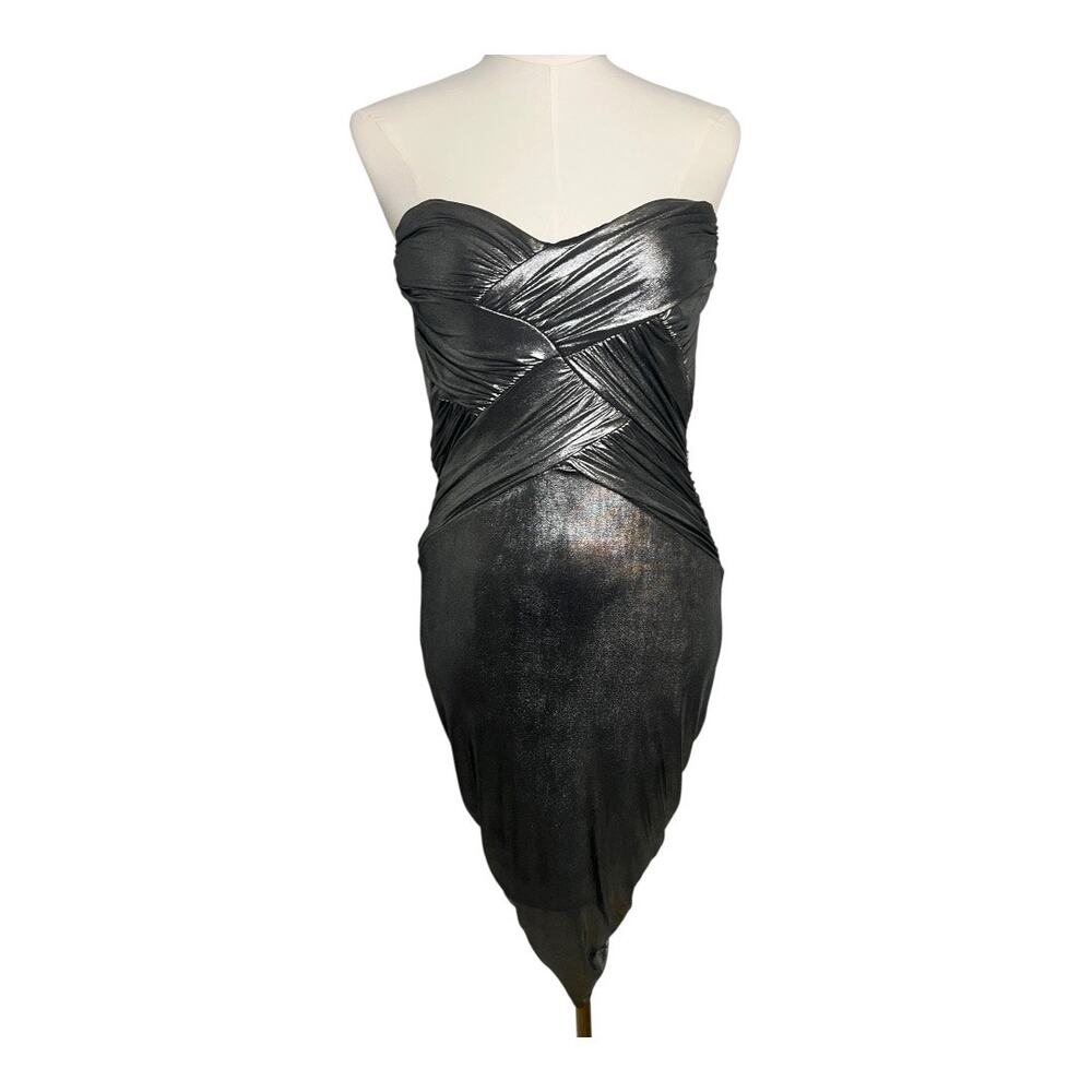 Bebe Pewter Draped Cocktail Dress Party Evening Date Night Out XS Strapless